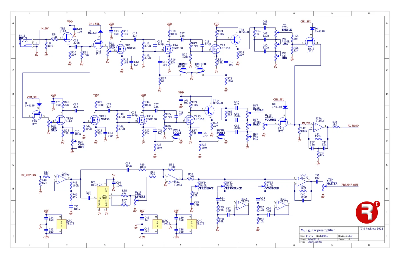 Schematic of the MGP guitar amp, CT055 revision A.2, page 1.