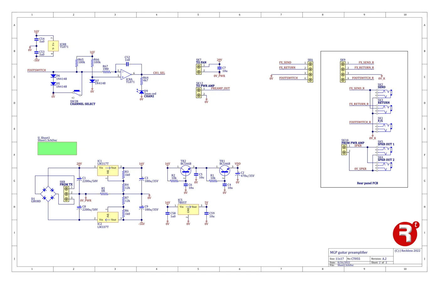 Schematic of the MGP guitar amp, CT055 revision A.2, page 2.