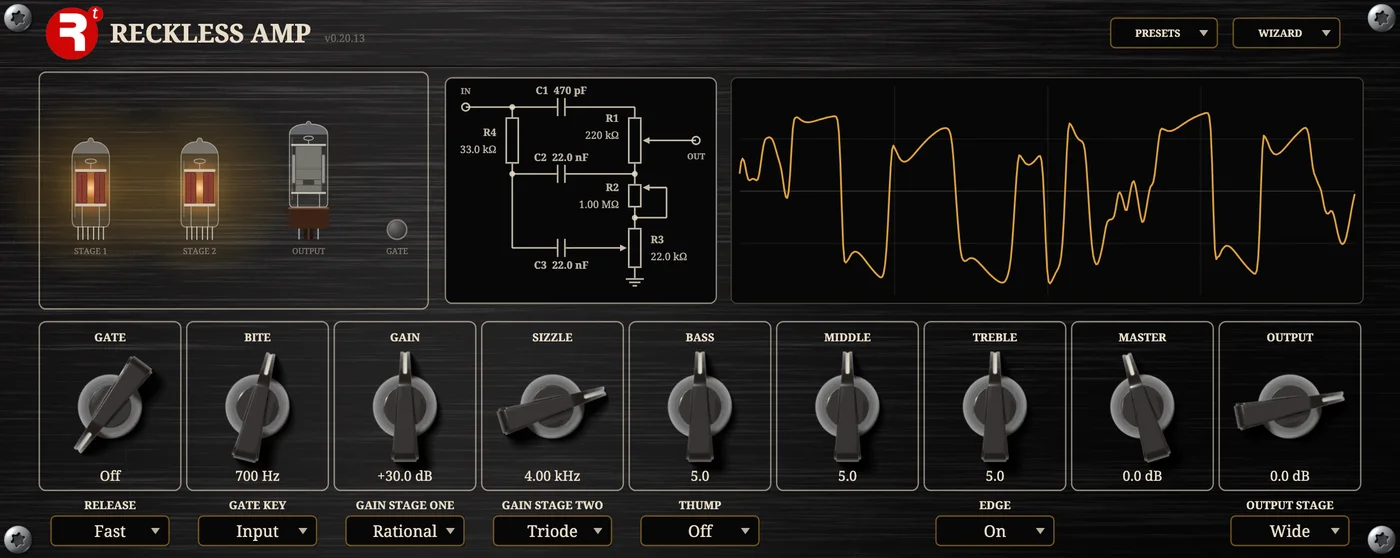 The Reckless Amp plugin panel.