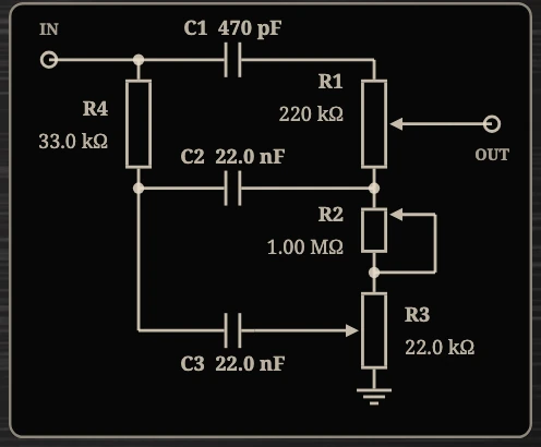 C1, C2, C3, R1, R2, R3, R4, close up on the Reckless Amp.