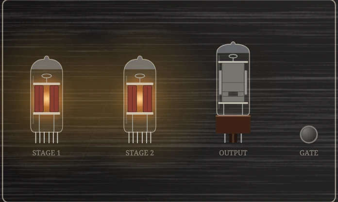 The tubes with a guitar playing, the GATE LED beside them, and the scope.