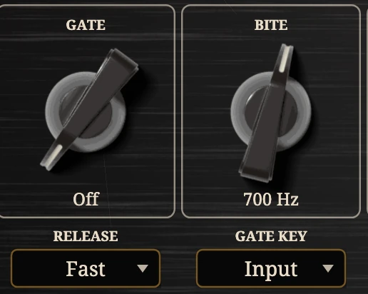 GATE and BITE, with the gate's RELEASE and GATE KEY plates under them.