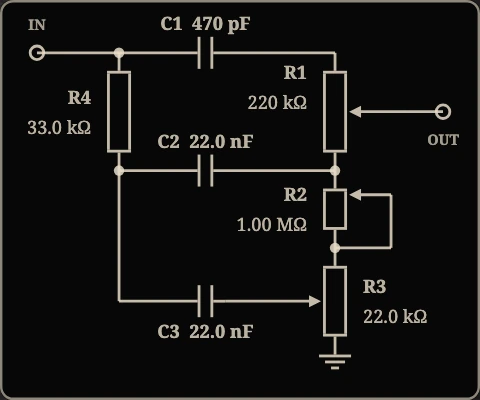 The tone stack drawn in the bay, each part's value printed beside it.