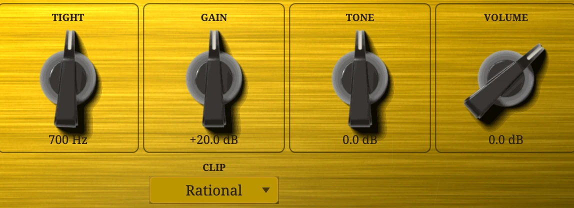 Tight, Gain, Tone and Volume in the signal's order, the Clip plate under Gain.