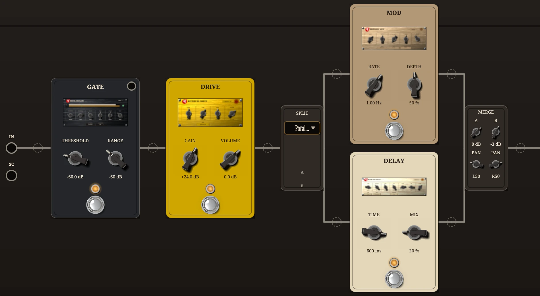 A board: Gate and Drive, then a split with Mod above Delay, from IN at the left.