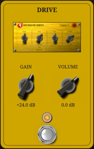 A pedal: its two most-used knobs, the LED and the footswitch.