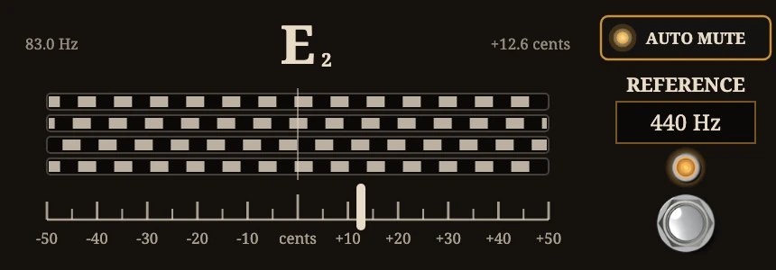 The tuner on: E2, 12.6 cents sharp, with AUTO MUTE, REFERENCE and its footswitch beside it.