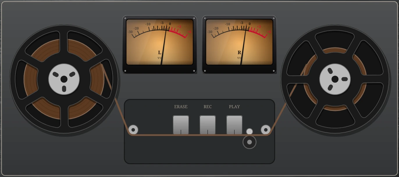 The deck: the reels turning, the VU meters swinging, and the tape over the heads.
