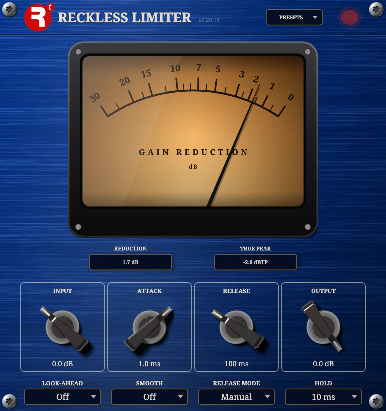 The Reckless Limiter plugin panel.