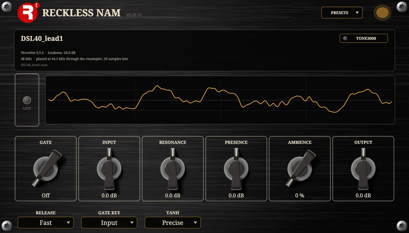 The Reckless NAM plugin panel.
