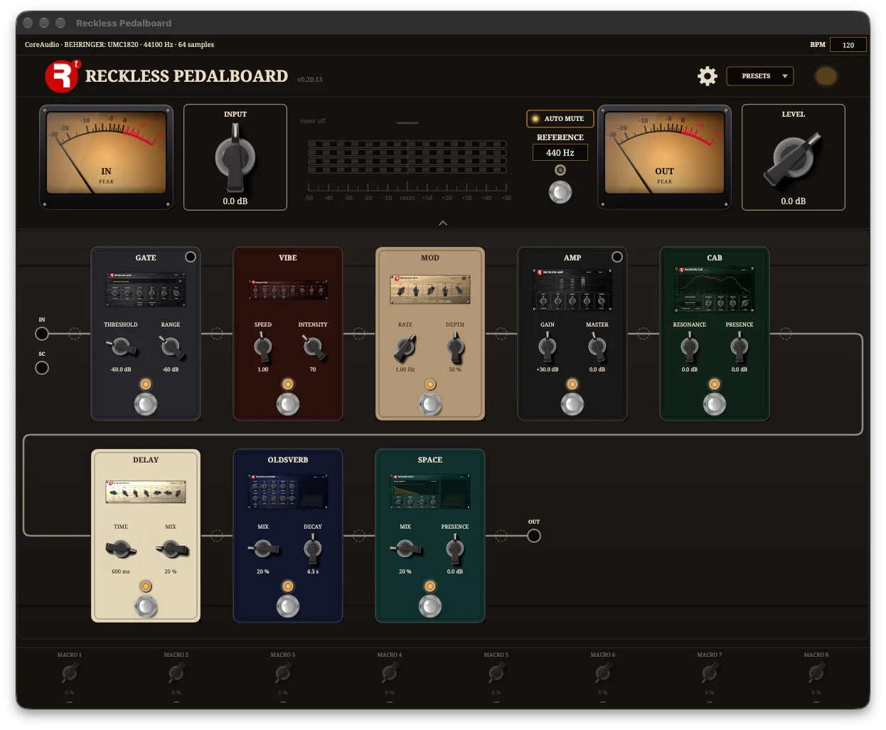 The Reckless Pedalboard running as a standalone app on a Mac, with eight plugins in its chain: Gate, Vibe, Mod, Amp, Cab, Delay, Oldsverb and Space.
