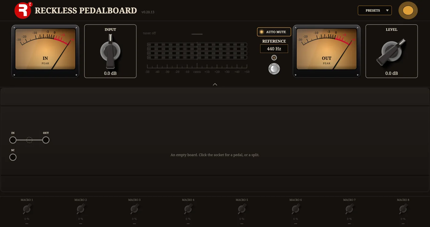 The Reckless Pedalboard plugin panel.
