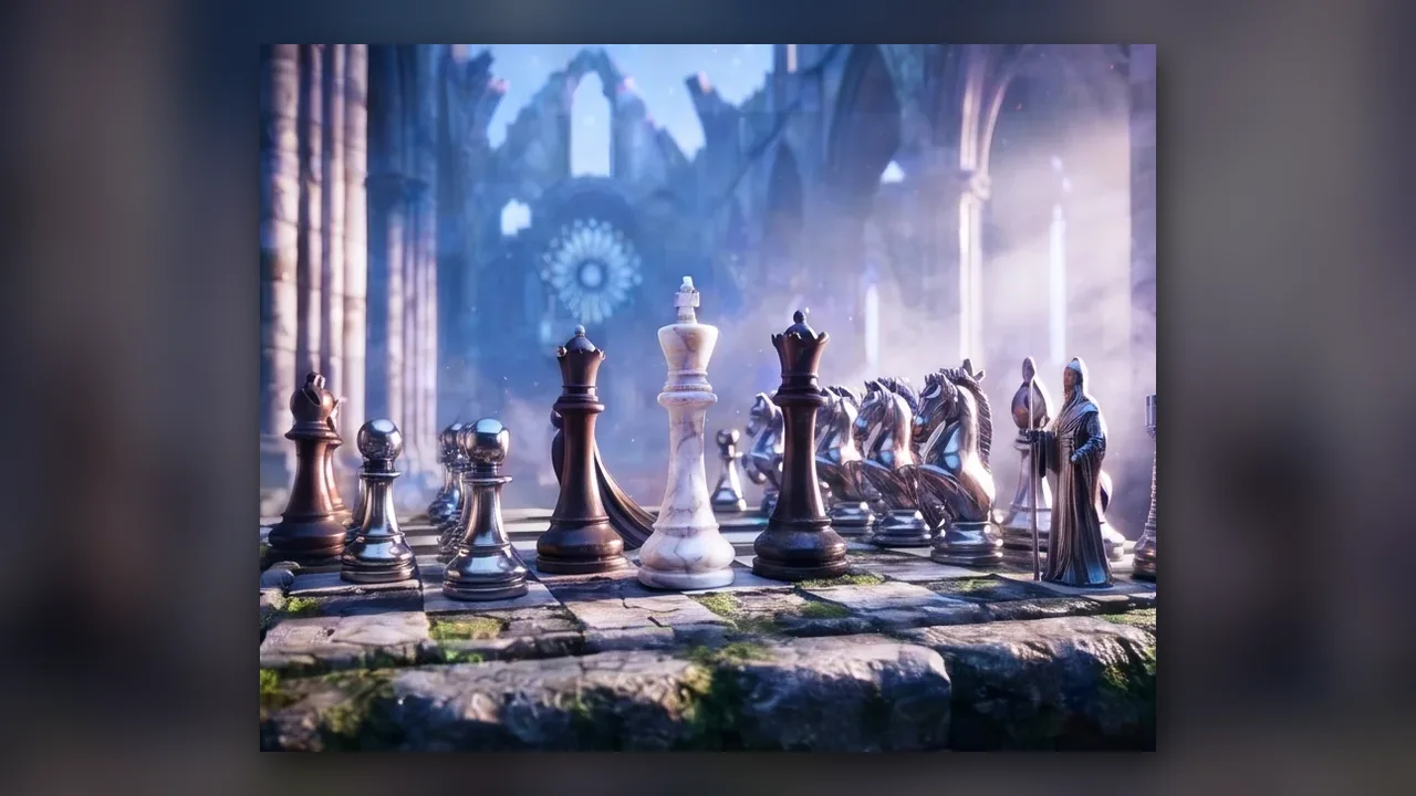 Chess pieces on a board among the ruins of a cathedral