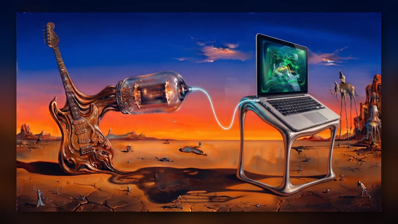 A surreal desert painting: a melting guitar wired through a glowing valve to a laptop on a melting table