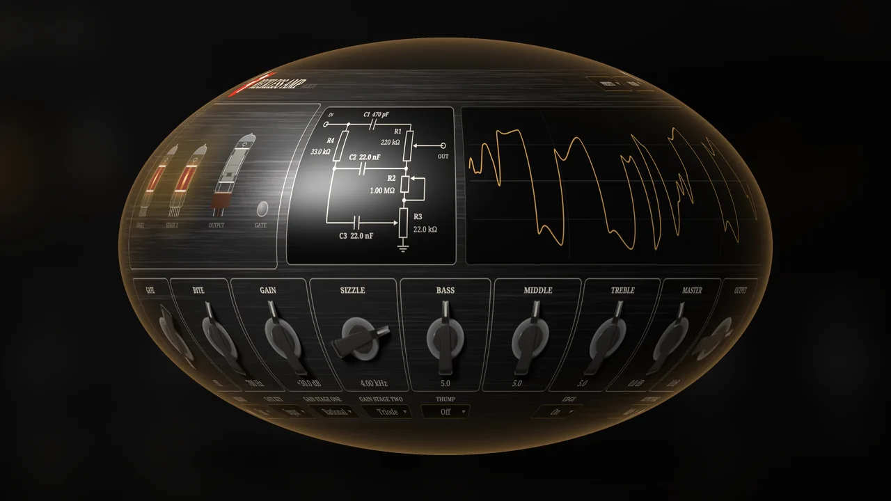 The Reckless Amp plugin panel wrapped around a glossy spheroid